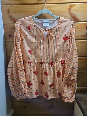 Bohera Bohemian Peach Floral Peasant Blouse with Red Rose Print Med 0554